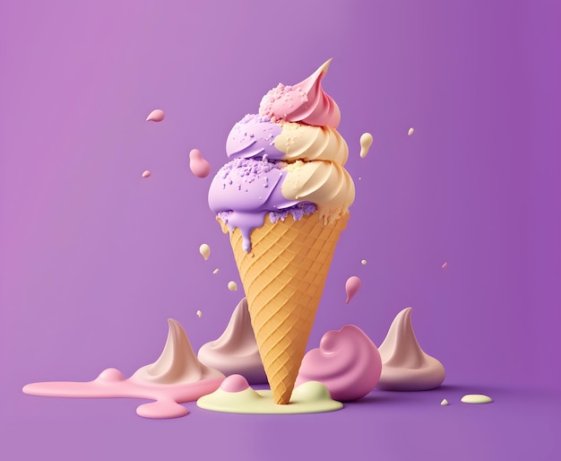 Pasticceria Illustrazione di un simpatico cono gelato su sfondo viola con spazio per la copia IA generativa