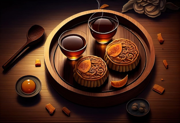Pasticceria tradizionale cinese torta di luna mooncake con tazze da tè su bambù che serve avvertenza Generative Ai