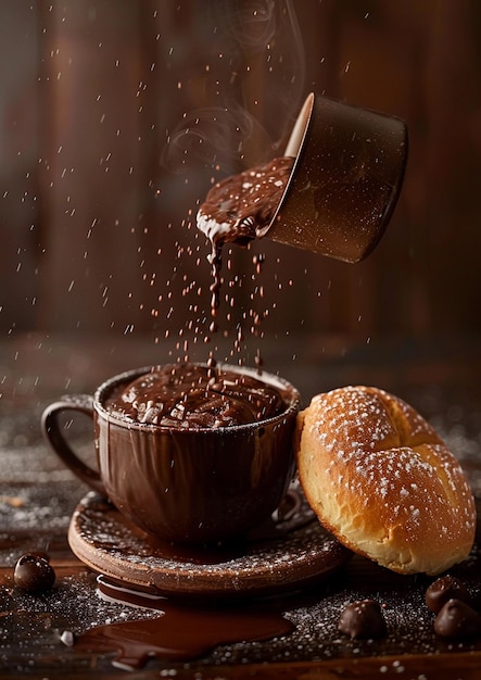 pasticcini francesi freschi e tazza di tè su un tavolo di legno