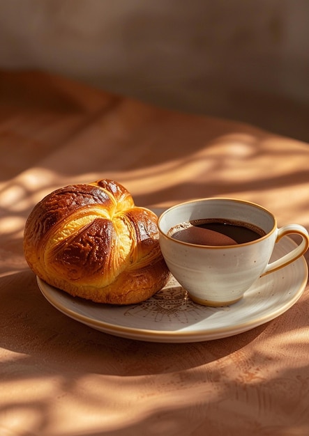 pasticcini francesi freschi e tazza di tè su un tavolo di legno