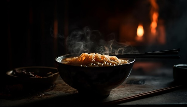 Pasto caldo fumante con le bacchette, una delizia gastronomica cinese generata dall'intelligenza artificiale