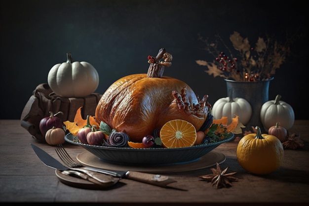 Pasto del giorno del Ringraziamento con arance torta di zucca o pollo arrosto in forma di forno Cibo del Ringraziamento