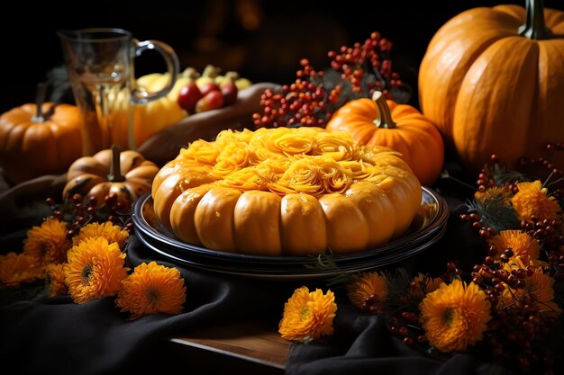 Pasto del giorno del Ringraziamento con arance torta di zucca o pollo arrosto in forma di forno Cibo del Ringraziamento