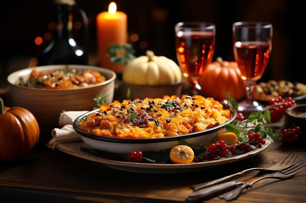 Pasto del giorno del Ringraziamento con arance torta di zucca o pollo arrosto in forma di forno Cibo del Ringraziamento