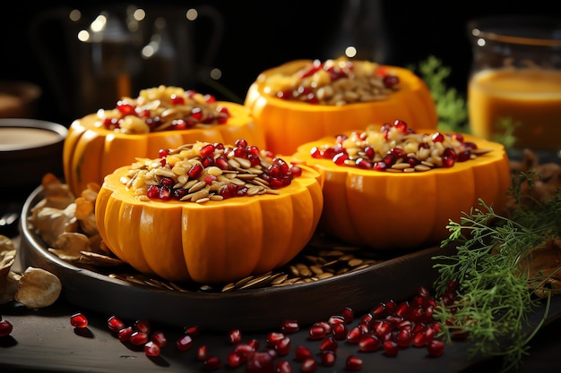 Pasto del giorno del Ringraziamento con arance torta di zucca o pollo arrosto in forma di forno Cibo del Ringraziamento