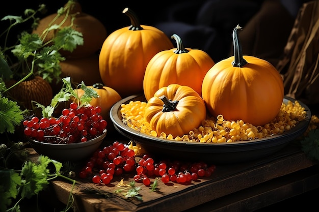 Pasto del giorno del Ringraziamento con arance torta di zucca o pollo arrosto in forma di forno Cibo del Ringraziamento