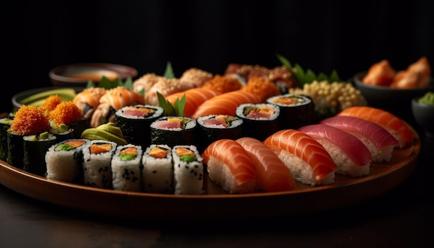 Pasto di pesce fresco maki sushi sashimi nigiri e California roll generati dall'intelligenza artificiale
