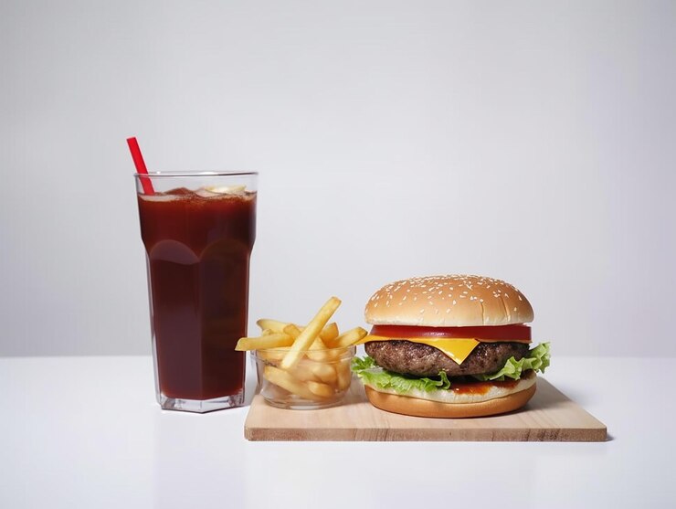 Pasto Fast Food Hamburger Al Formaggio E Bevanda Coca Cola Patatine Fritte Con Tovaglietta In Legno