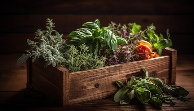 Pasto sano di insalata di verdure di pomodoro verde biologico al chiuso generato da AI