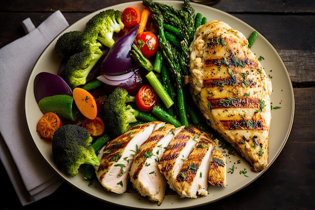 Pasto sano ed equilibrato di pollo alla griglia e verdure fresche IA generativa