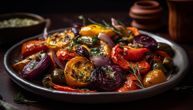 Pasto vegetariano fresco su un piatto di legno rustico generato dall'AI