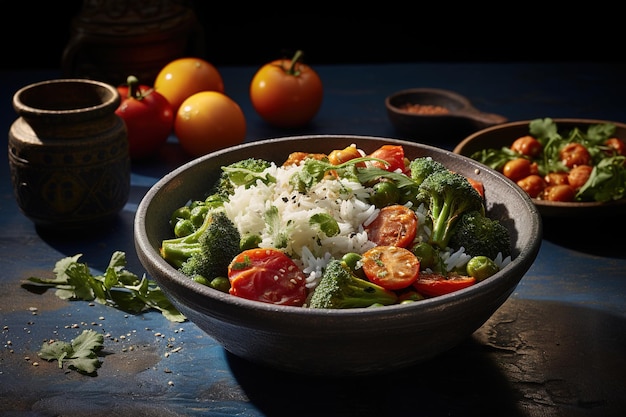 pasto vegetariano sano in una ciotola blu con riso e verdure