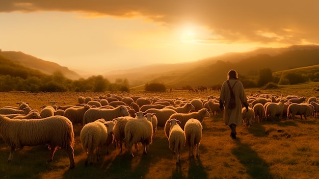 Pastore Gesù Cristo che si prende cura dell'agnello e di un gregge di pecore sul prato con un paesaggio di alba che sorge luminoso IA generativa
