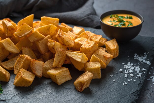 Patatas bravas con sale e salsa su sfondo nero. Vista laterale, primo piano. Tapas, patate fritte con spezie, snack tradizionale spagnolo