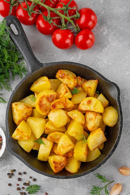 Patate al forno con funghi e aglio in una padella di ghisa Vista dall'alto Spazio di copia