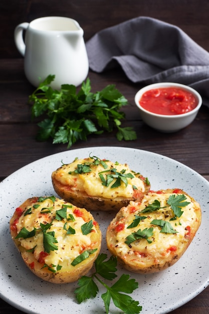 Patate al forno con la buccia ripiene di formaggio ed erbe aromatiche