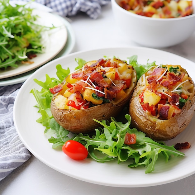 Patate al forno con pancetta e insalata di verdure