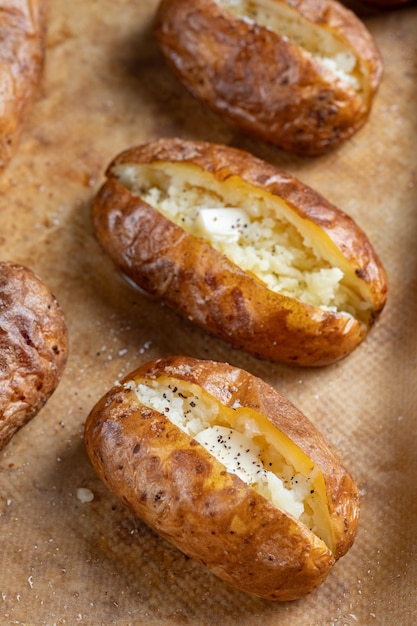 Patate al forno con rivestimento caldo imburrato da vicino