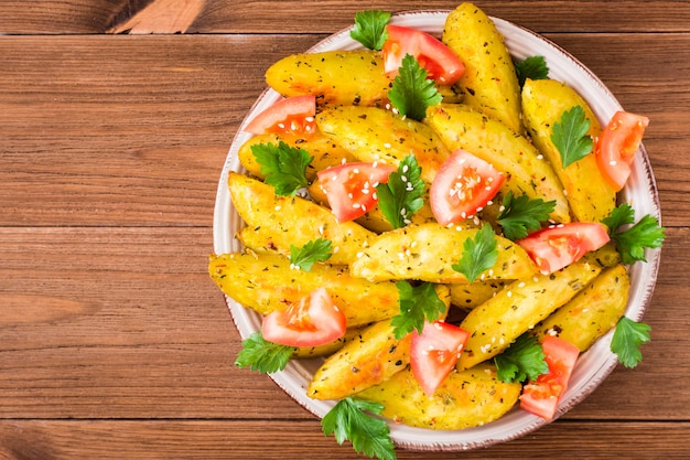 Patate al forno in una buccia con pomodori, erbe, spezie e sesamo in un piatto, vista dall'alto