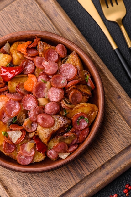 Patate alla griglia tagliate a fette con salsicce da caccia con cipolla all'aglio