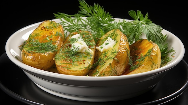 Patate bollite cosparse di foglie di condimento al burro su un piatto e sfondo bianco