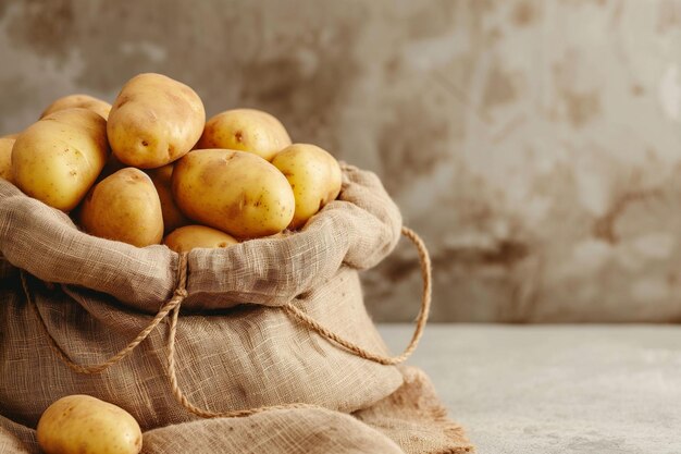 Patate crude Masso di patate fresche in un vecchio sacco su sfondo di legno Dieta vegana Alimento sano Organico Verdure Preparazione di insalata Ingredienti di cucina Vitamine