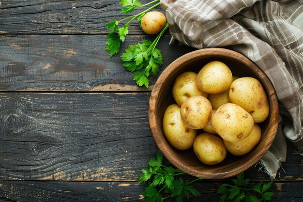 Patate crude su sfondo nero per il testo