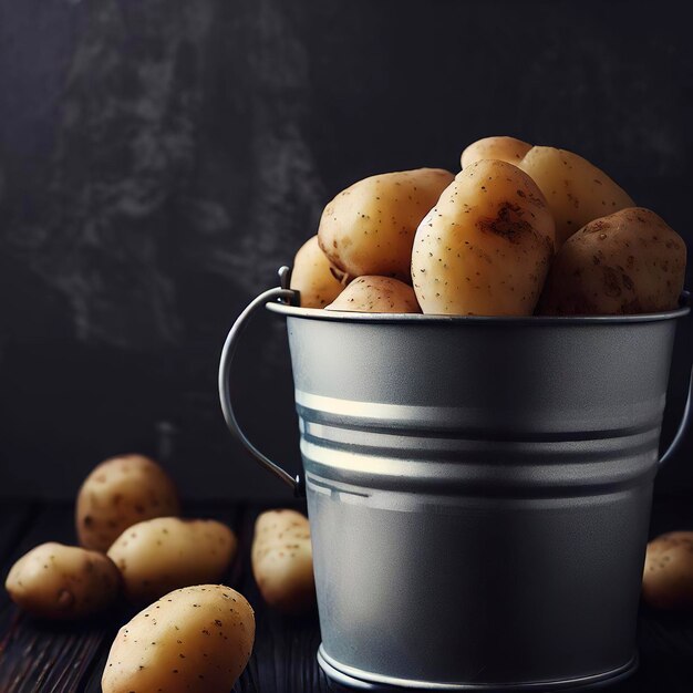 Patate di vista laterale in secchio grigio su fondo di legno scuro orizzontale