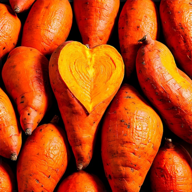 Patate dolci arancione allungate con pelle liscia precisamente posizionate in un alimento a forma di cuore e