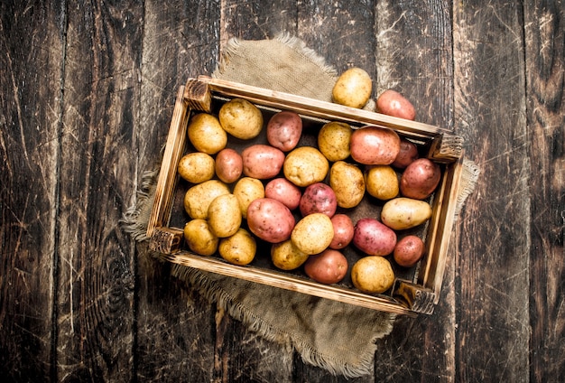 Patate fresche in una vecchia scatola. Su un tavolo di legno.