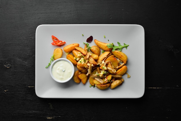 Patate fritte con aglio e salsa Vista dall'alto Spazio libero per il testo