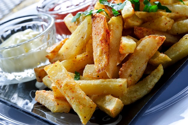 Patate fritte con due salse diverse.