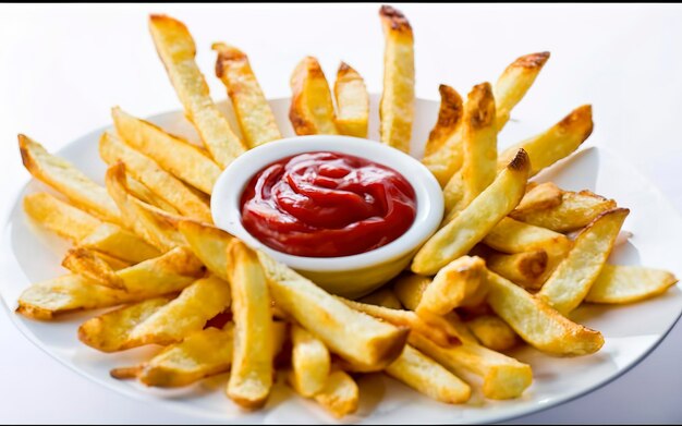 Patate fritte con ketchup da vicino su bianco