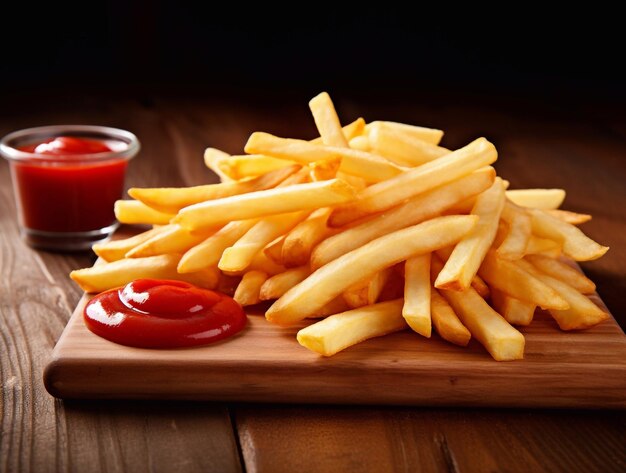 Patate fritte con ketchup su un tavolo di legno