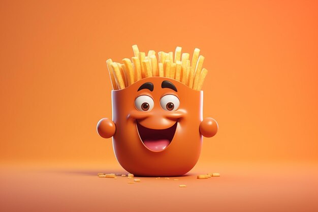 Patate fritte con personaggio con una faccia divertente su sfondo arancione illustrazione 3d generativa ai