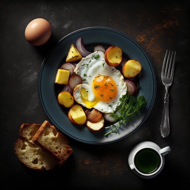 Patate fritte con uova, erbe aromatiche e pomodori su un piatto nero