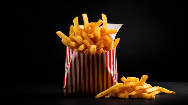 Patate fritte croccanti in un sacchetto di carta su uno sfondo nero elegante tentativo fast food americano al suo meglio