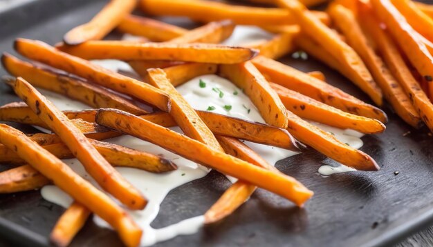 Patate fritte di patate dolci con maionese e ketchup fatte in casa arrostite in forno