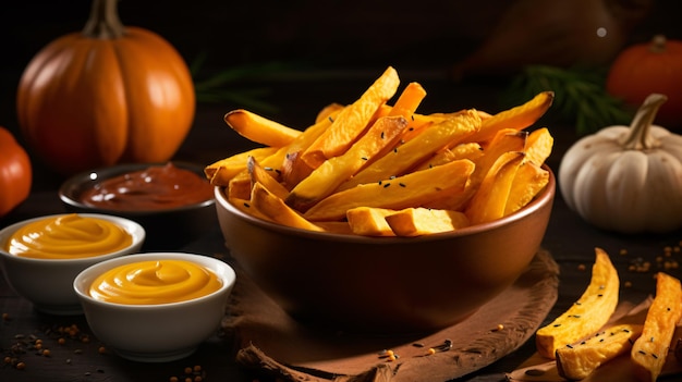 Patate fritte di zucca biologiche fatte in casa con salsa