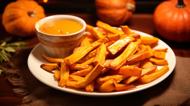 Patate fritte di zucca biologiche fatte in casa con salsa