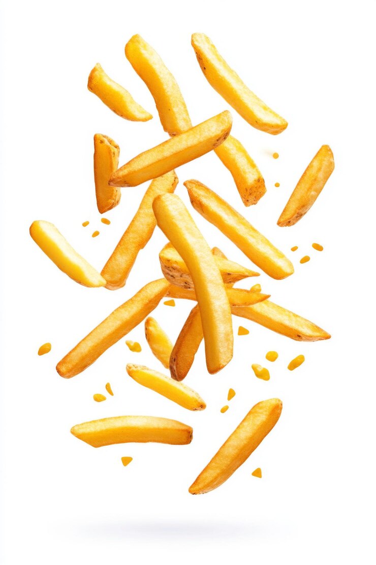 Patate fritte dorate che cadono nell'aria isolate su uno sfondo bianco