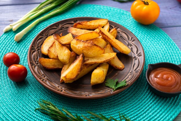 Patate fritte in pezzi grandi su un piatto su un tovagliolo turchese sul tavolo