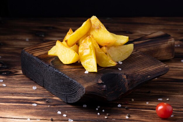 Patate fritte saporite sul tagliere, sul fondo di legno della tavola