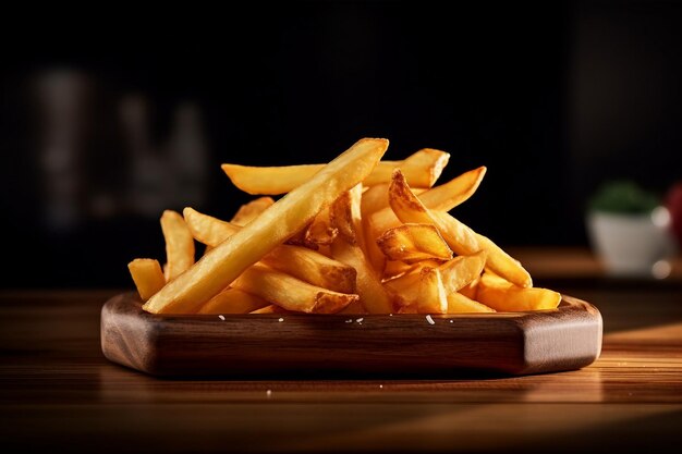 patate fritte su un piatto di legno scuro backgroundcloseup