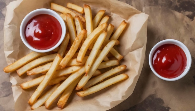 Patate fritte tradizionali su carta pergamena con ketchup e salsa di senape al miele