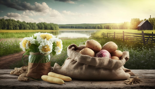 Patate giovani in sacco di iuta su tavola di legno con campo agricolo in fiore sullo sfondo Ia generativa