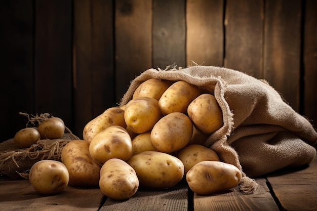 Patate impilate su assi di legno con un sacchetto nelle vicinanze