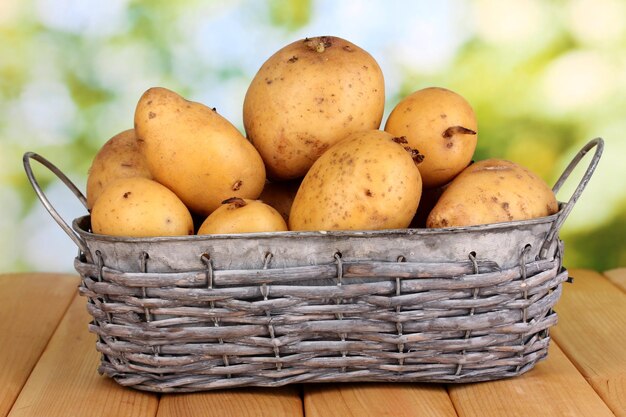 Patate mature sul cestino sulla tavola di legno su sfondo naturale