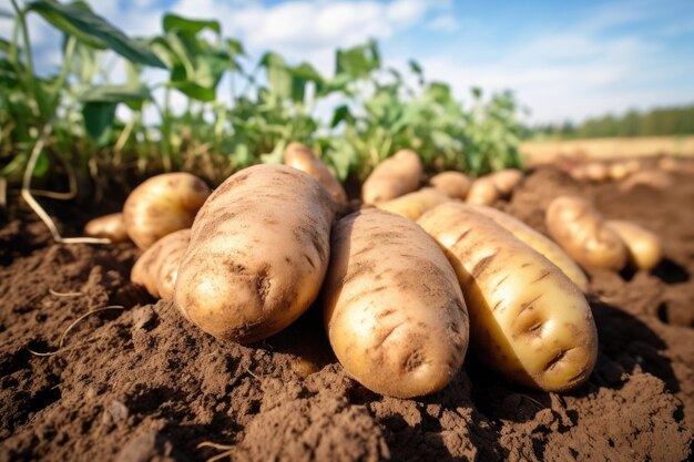 Patate recentemente raccolte e esposte in una fotografia da vicino contro un campo rustico