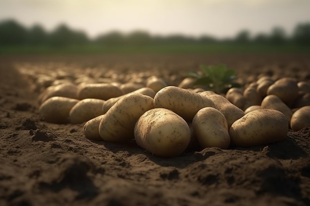 Patate su un campo con il sole che splende su di loro